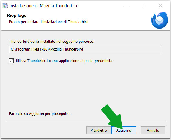 aggiorna la versione esistente di thunderbird