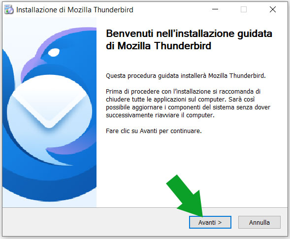 inizio dell'installazione guidata di Thunderbird