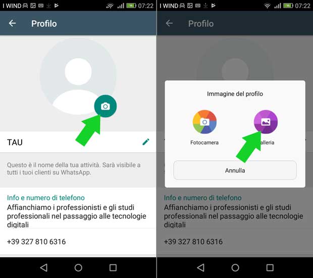 impostazione attività whatsapp business - modifica immagine del profilo