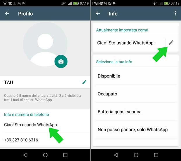impostazione attività whatsapp business - modifica info