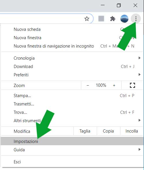 Accedere al menu impostazioni di Google Chrome