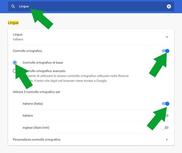 configurazione del correttore automatico in Google Chrome
