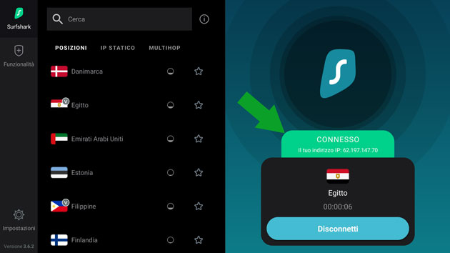 connessione VPN effettuata con Surfshark su Fire Stick