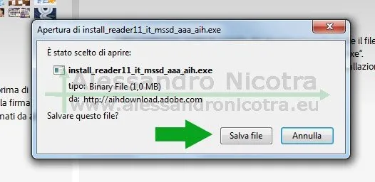 Finestra di conferma del salvataggio del file di installazione di Adobe Reader