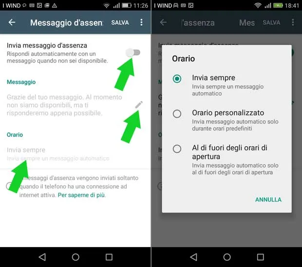 impostazione attività whatsapp business - messaggi d'assenza