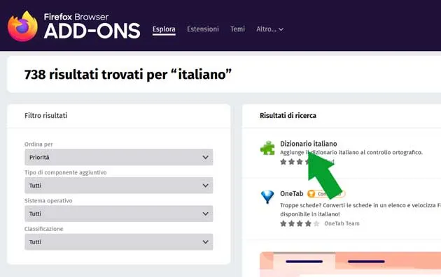 add-ons di Firefox - dizionario italiano