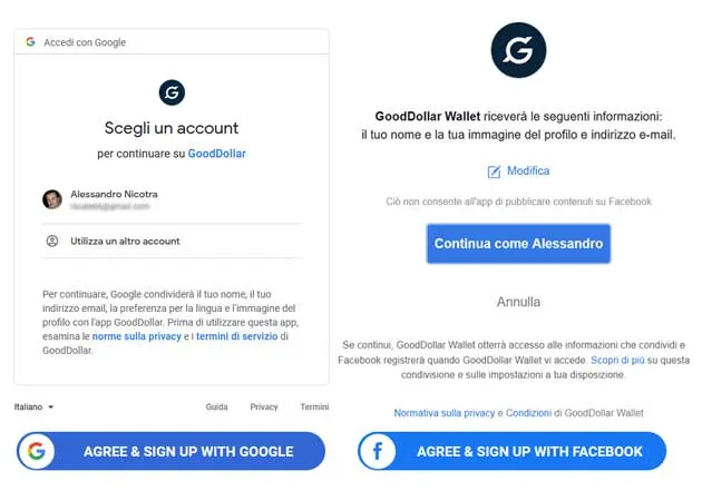 Accetta e registrati a GoodDollar con Google e Facebook