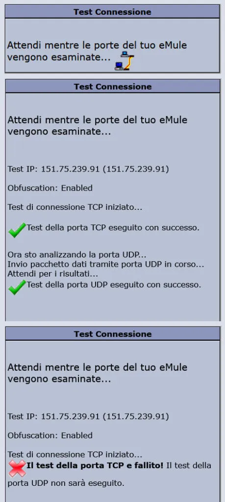 test di connessione, esame delle porte del ruoter